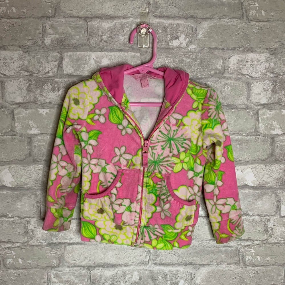 Lilly Pulitzer Pink and Green Floral Velour Zipper Hoodie